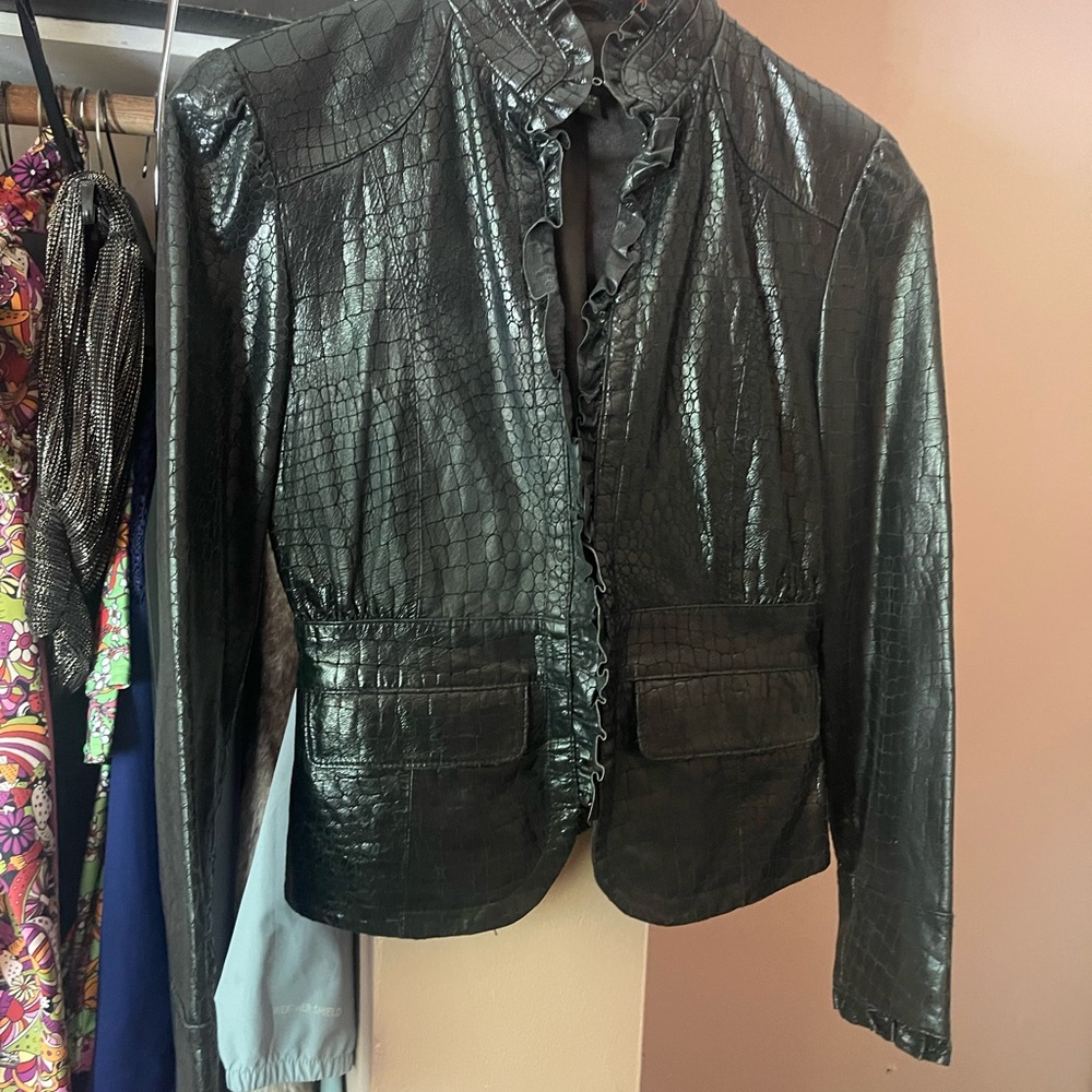 Bebe Black Croc-Pattern Leather Jacket - image 4